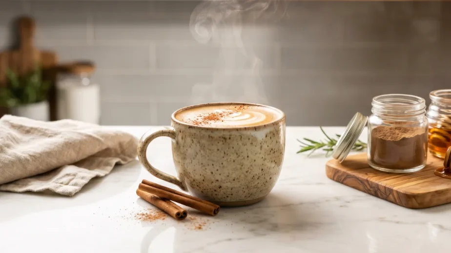 Easy mushroom coffee in a ceramic mug with creamy foam and cinnamon on marble countertop