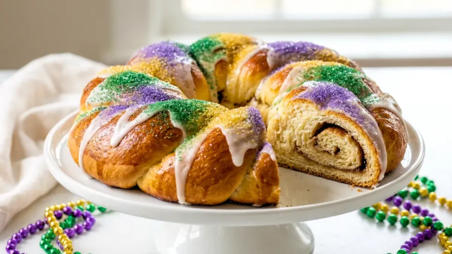 A full traditional New Orleans King Cake decorated with purple, green, and gold sugar sprinkles and white icing on a festive platter.