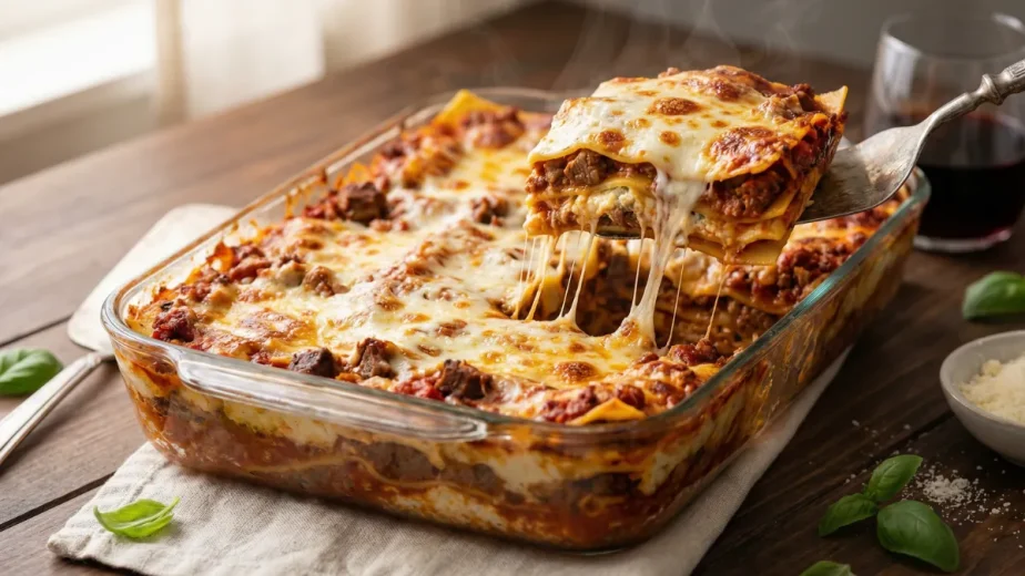 Homemade lasagna recipe with a slice being lifted showing stretchy melted cheese and perfectly layered pasta, ricotta, and meat sauce.
