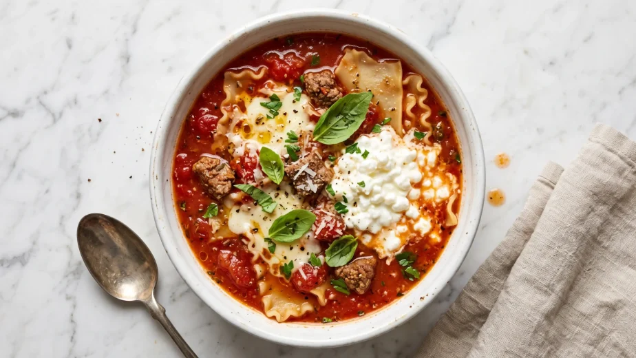 Creamy lasagna soup recipe with cottage cheese, melted mozzarella, and fresh basil in a white ceramic bowl