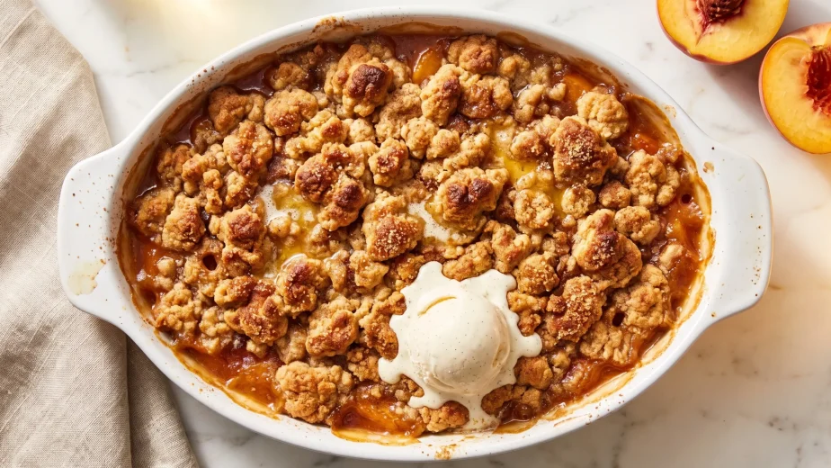 Golden brown peach crisp with crispy topping and bubbling peach filling served with vanilla ice cream in white baking dish