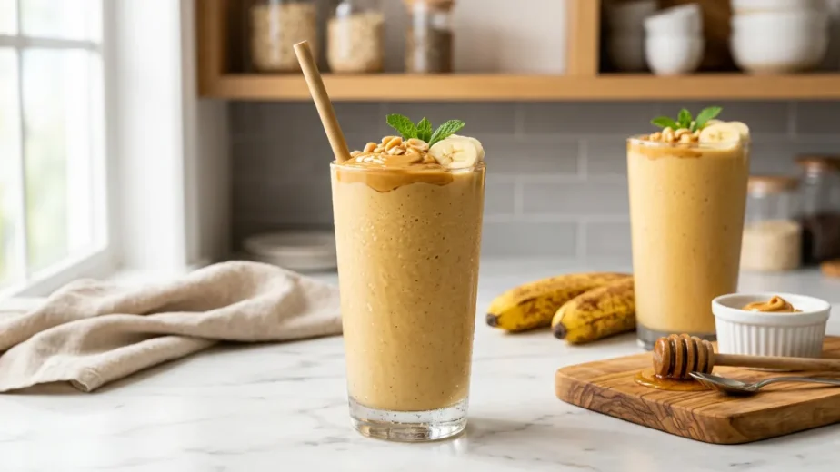 Easy homemade peaanut butter banana smoothie.