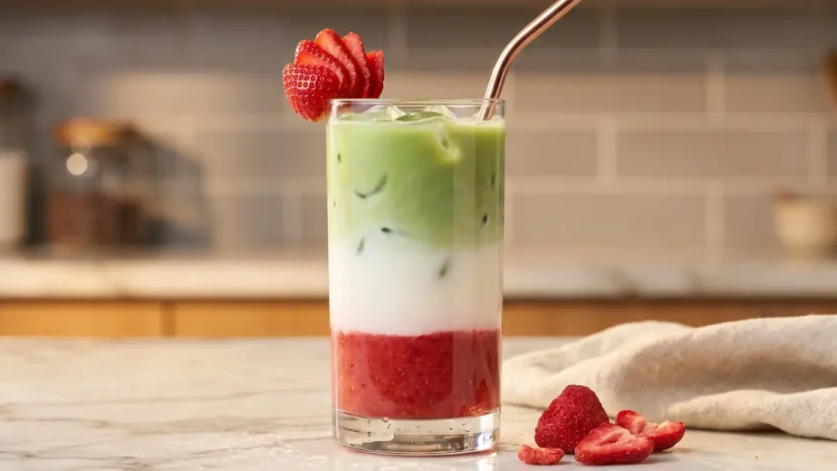 Homemade Starbucks strawberry matcha latte with perfect pink, white, and green layers in a clear glass.