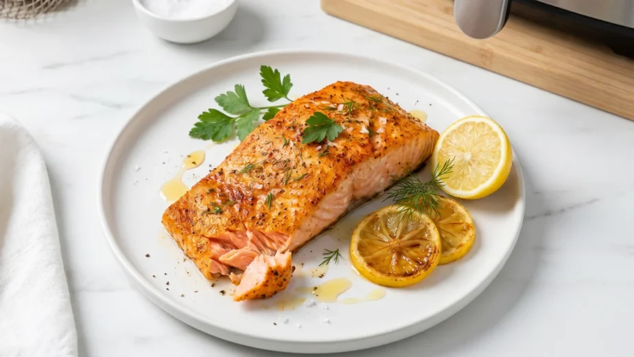 Crispy air fryer salmon fillet with golden-brown skin served with lemon and herbs.