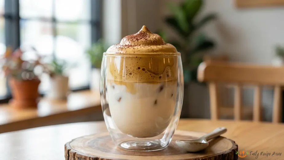 A finished glass of whipped Dalgona coffee, showing fluffy coffee foam layered over cold milk and ice, ready to stir.